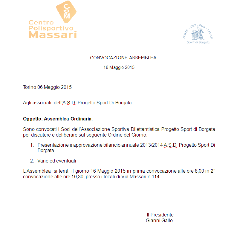 CONVOCAZIONE ASSEMBLEA SOCI – A.S.D. Sport Di Borgata – 16 maggio 2015
