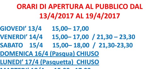 PALAGHIACCIO: APERTURE AL PUBBLICO VACANZE DI PASQUA